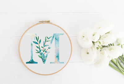 Letter M X Stitch, Instant Download PDF, Modern X Stitch Pattern, Botanical Monogram, Easy x Stitch, Counted Cross Stitch Chart, Embroidery