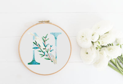 Letter N X Stitch, Instant Download PDF, Modern X Stitch Pattern, Botanical Monogram, Easy x Stitch, Counted Cross Stitch Chart, Embroidery