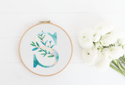 Letter S Pattern, Instant Download PDF, Modern X Stitch Pattern, Botanical Monogram, Easy x Stitch, Counted Cross Stitch Chart, Embroidery