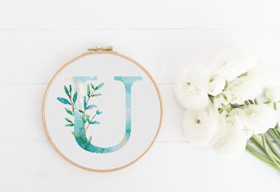 Letter U Pattern, Instant Download PDF, Modern X Stitch Pattern, Botanical Monogram, Easy x Stitch, Counted Cross Stitch Chart, Embroidery