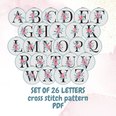 Letter Set Cross Stitch, Instant Download PDF, Modern Cross Stitch Pattern, Floral Monogram, Alphabet Set PDF, ABC Cross Stitch, Boho Gift