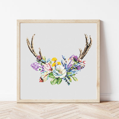 Flower Antler Cross Stitch Pattern, Instant Download PDF, Modern Cross Stitch Chart, Counted Cross Stitch, Mothers Day Gift, Aesthetic Decor