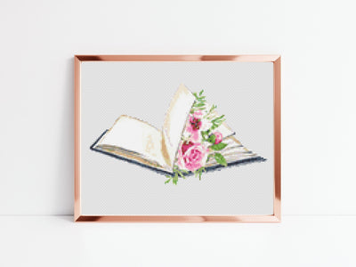 Book Cross Stitch, Instant Download PDF, Easy Embroidery Pattern, Boho Home Aesthetic, Wall Hanging Design, Nursery Gift, Floral Room Decor