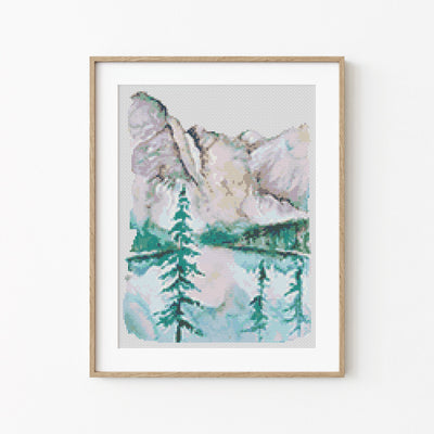Mountain Lake Cross Stitch, Instant Download PDF Pattern, Landscape Counted Stitch Chart, Easy Embroidery Design, Aesthetic Room Decor