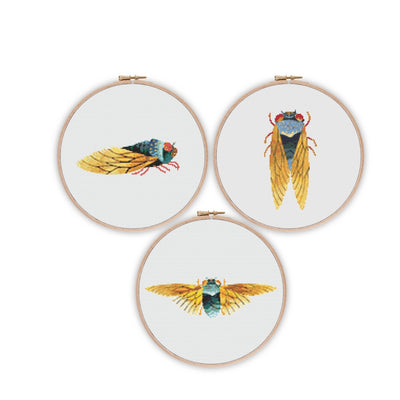 Set of 3 Cicadas Cross Stitch, Instant Download Pattern PDF, Modern Cross Stitch Tutorial, Animal Embroidery, Insect Decor Oddity, Xmas Gift