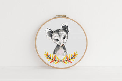 Flower Opossum Cross Stitch, Instant Download PDF Pattern, Counted Cross Stitch, Modern Cross Stitch Chart, Embroidery Pattern, Wood Animal