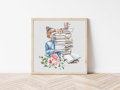 Book Worm Cross Stitch, Instant Download PDF Pattern, Counted Cross Stitch, Folk Cross Stitch, Boho Embroidery Pattern, Aesthetic Room Decor