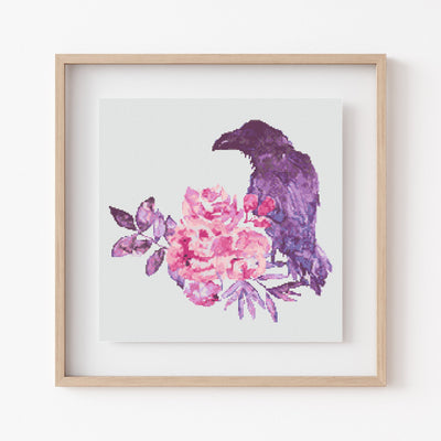 Watercolor Raven Cross Stitch, Instant Download PDF, Animal Pattern, Modern Cross Stitch Pattern, Boho Home Wall Art, Aesthetic Room Decor