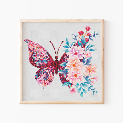 Flower Butterfly Cross Stitch, Instant Download Pattern PDF, Modern Cross Stitch Chart, Aesthetic Room Decor, Watercolor Art, Christmas Gift