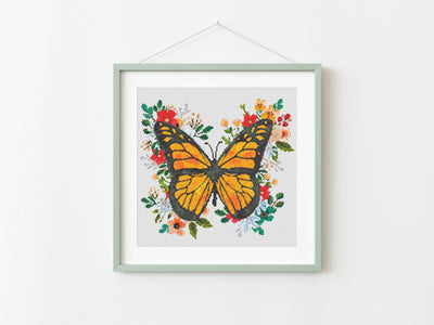 Flower Butterfly Cross Stitch, Instant Download PDF Pattern, Counted Modern Cross Stitch, Aesthetic Room Decor, Boho Frame, Spring Design