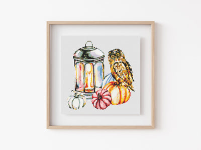 Lantern Owl Cross Stitch Pattern, Instant Download PDF, Modern Counted Cross Stitch, Embroidery Chart, Floral Fall Boho Art, Christmas Gift