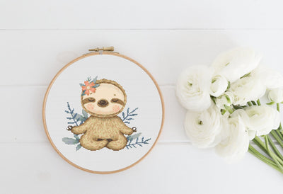 Sloth Cross Stitch, Yoga Animal Pattern, Instant Download PDF, Animal Embroidery, Aesthetic Room Decor, Boho Wall Art, Valentines Gift Idea