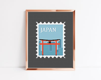 Japan Stamp Cross Stitch Pattern, Instant Download PDF, Embroidery Chart, Boho Home Aesthetic, Wall Hanging Art, Landscape Decor for Her