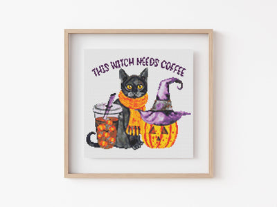 Witch Coffee Cross Stitch Pattern, Instant Download PDF Pattern, Cross Stitch Art, Halloween Decor, Aesthetic Room Decor, Cross Stitch Kit