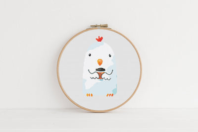 Coffee Chicken Cross Stitch Pattern, Instant Download PDF, Nursery Decor, Modern Tutorial, Kids Pattern, Cross Stitch Art, Embroidery Gift