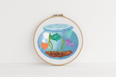 Fish Bowl Cross Stitch Pattern, Instant Download Pattern PDF, Cross Stitch Art, Animal Design, Boho Gift for Her, Embroidery Decor, Wall Art