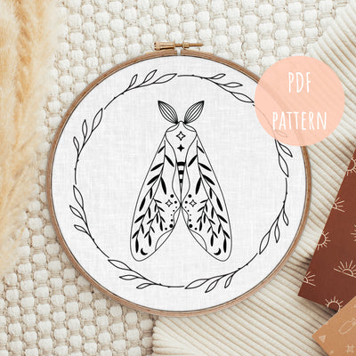 PDF Embroidery Pattern, Floral Moth Design, Hand Embroidery, Modern Hoop Design, Digital Embroidery Pattern, Beginner PDF Pattern, Hoop Art