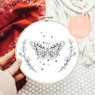 PDF Embroidery Pattern, Celestial Moth Art, Hand Embroidery, Modern Hoop Design, Digital Embroidery Pattern, Beginner PDF Pattern, Hoop Art