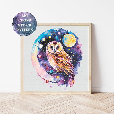 Moon Owl Full Coverage Cross Stitch Pattern, Instant Download PDF, Counted Cross Stitch, Modern Stitch Chart, Embroidery Hoop, Wall Decor