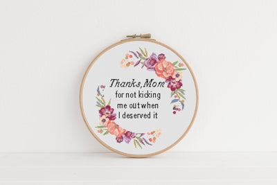 Thanks Mom Cross Stitch Pattern, Instant Download PDF, Cross Stitch Art, Rude Cross Stitch, Boho Home Decor, Funny Home Design, Funny Quote
