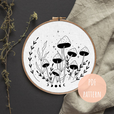 Hand Embroidery Pattern, Floral Mushroom, PDF Embroidery, Modern Hoop Design, Embroidery Pattern, Beginner Pattern, Hoop Art, Boho Wall Art