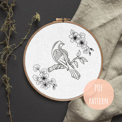 Hand Embroidery Pattern, DIY Bird Embroidery, Modern Hoop Design, PDF Floral Art, Beginner Pattern, Boho Wall Art, Hoop Embroidery Decor