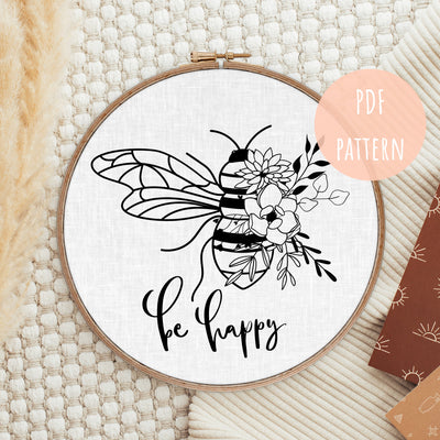 Hand Embroidery Pattern, Bee Happy Quote, PDF Embroidery, Modern Hoop Design, Embroidery Art Pattern, Beginner Pattern, Aesthetic Room Decor