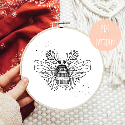 PDF Embroidery Pattern, Floral Bumblebee, Modern Hoop Design, Hand Embroidery Art, Beginner Pattern, Boho Wall Art, Hoop Embroidery Decor