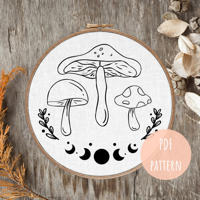 PDF Embroidery Pattern, Floral Mushroom Moon, Modern Hoop Design, Hand Embroidery, Beginner Pattern, Boho Wall Art, Hoop Embroidery Decor