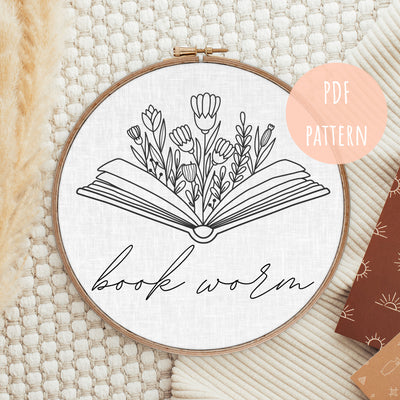 PDF Embroidery Pattern, Book Worm, Modern Hoop Design, Digital Embroidery Pattern, Beginner Pattern, Boho Wall Art, Hoop Embroidery Art