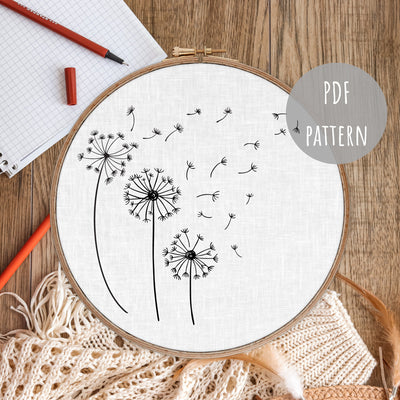 PDF Embroidery Pattern, Floral Dandelion, Modern Hoop Design, Hand Embroidery Art, Beginner Pattern, Boho Wall Art, Hoop Embroidery Decor