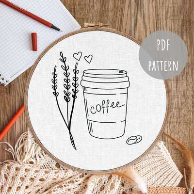 PDF Embroidery Pattern, Floral Coffee Art, Modern Hoop Design, Hand Embroidery Art, Beginner Pattern, Boho Wall Art, Hoop Embroidery Decor