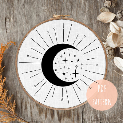 PDF Embroidery Pattern, Celestial Moon Art, Hand Embroidery, Modern Hoop Design, Digital Embroidery Pattern, Beginner PDF Pattern, Hoop Art