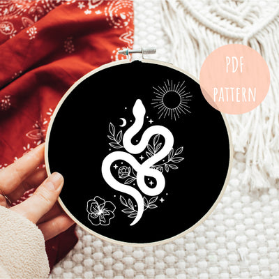 Hand Embroidery Pattern, Celestial Floral Snake, PDF Embroidery, Modern Hoop Design, Digital Embroidery Pattern, Beginner Pattern, Hoop Art