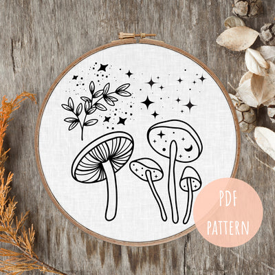 Hand Embroidery Pattern, Mushroom Celestial, PDF Embroidery, Modern Hoop Design, Embroidery Pattern, Beginner Pattern, Hoop Art, Floral Star