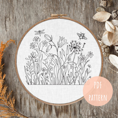 PDF Embroidery Pattern, Flower Honey Bee,  Modern Hoop Design, Hand Embroidery Art, Beginner Pattern, Boho Wall Art, Hoop Embroidery Decor