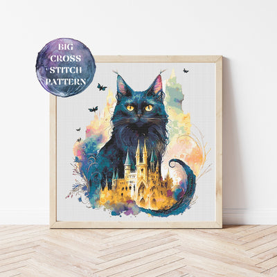 Castle Cat Full Coverage Cross Stitch Pattern, Instant Download PDF, Counted Cross Stitch, Modern Stitch Chart, Embroidery Art, Room Decor
