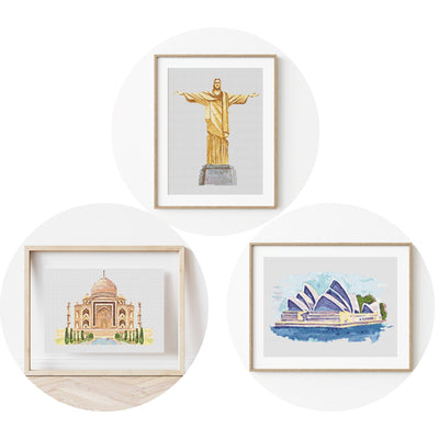 Set of 3 Cross Stitch Pattern, Instant PDF Download, Travel Decor, Embroidery Tutorial, Counted Stitch Pattern, Modern Wall Art, DIY Decor
